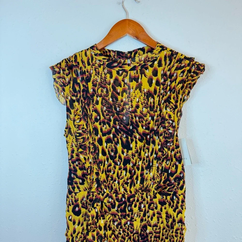 All Saints Hali Pleated Leopard Notes Yellow Multi Mini Dress Size 8 NWT - Picture 10 of 16